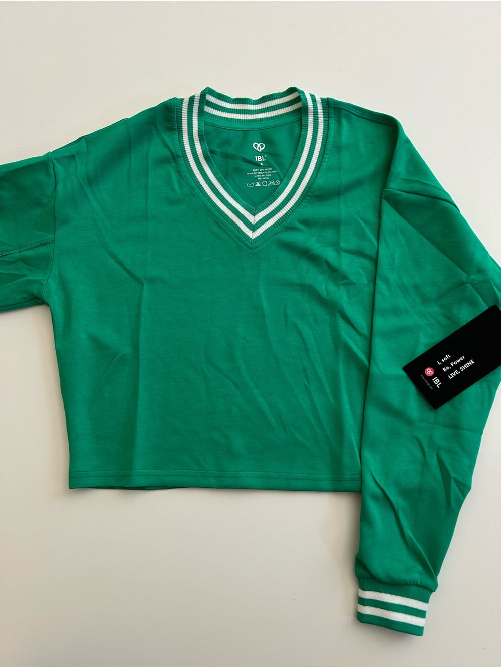 Green V-Neck Striped Trim Cropped Sweatshirt